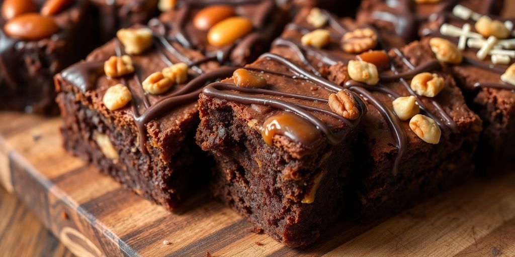 Vários brownies com diferentes sabores e coberturas.